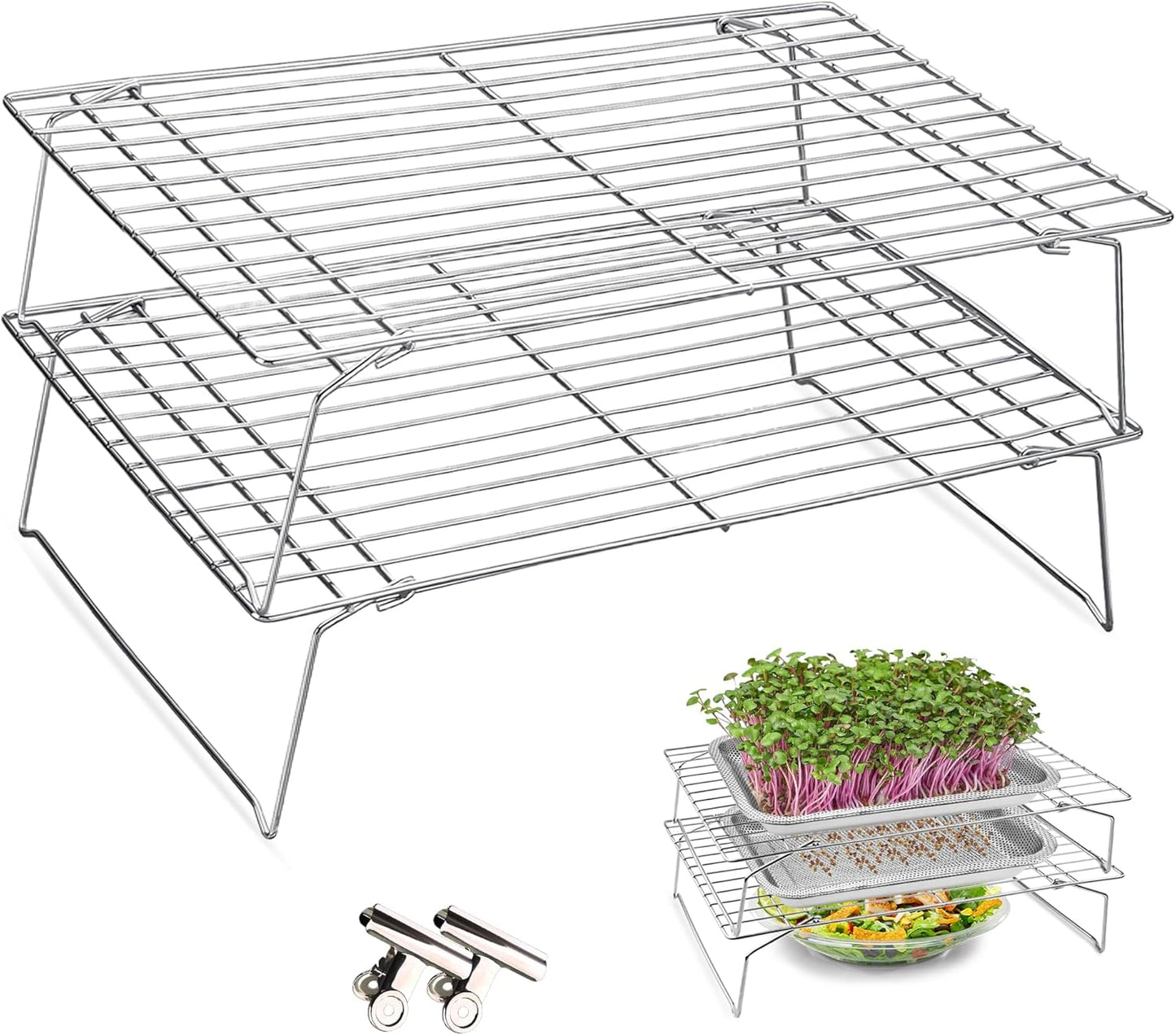 2-Tier 14 inch Sprouts Growing Rack Shelf, Metal Foldable Plant Stand for Sprouting Tray Indoor, Seed Starting Tray