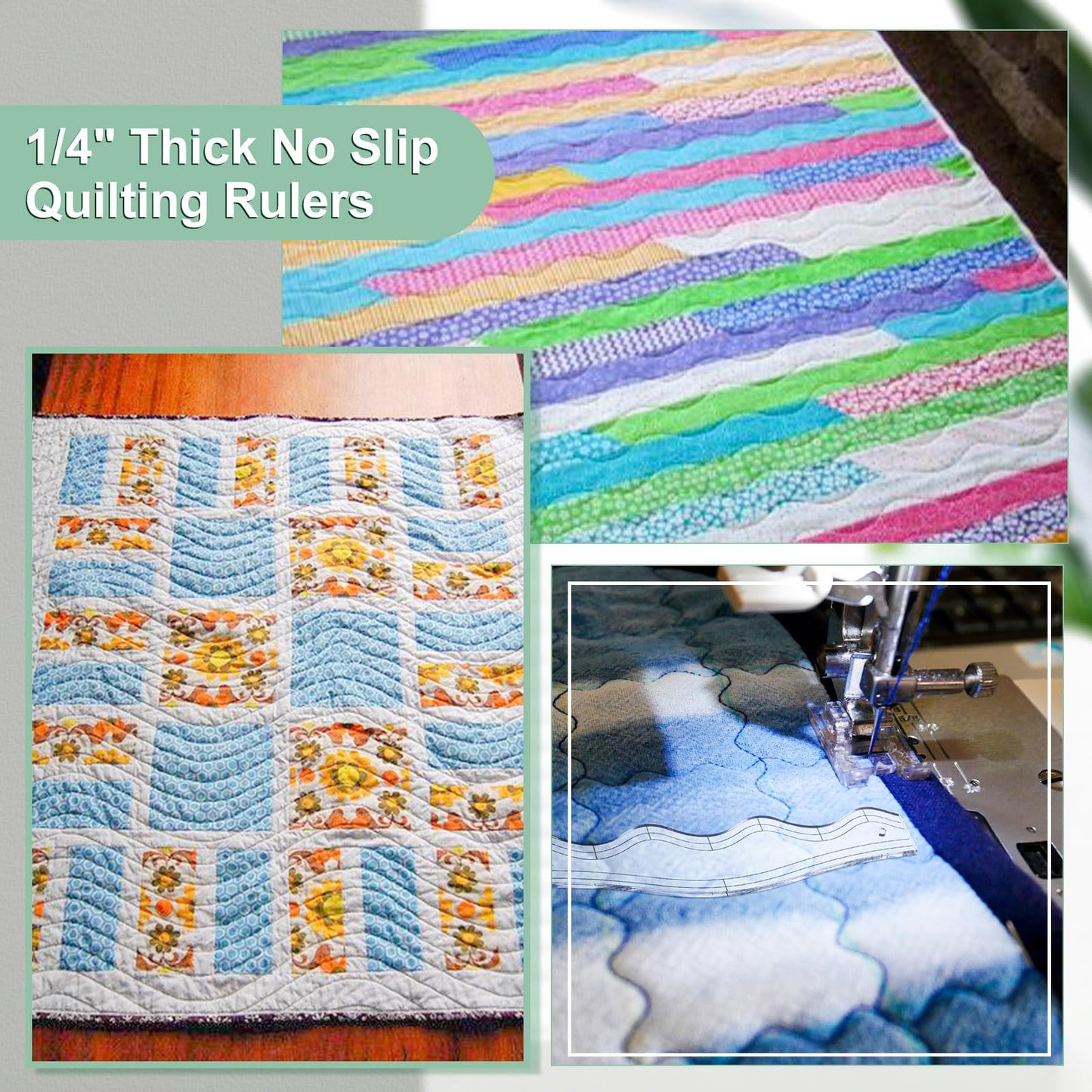 Kigley 2 Pcs Free Motion Quilting Templates Waves Acrylic Quilting Rulers for Machine Free Motion Sewing Stencils Patchwork Splicing with 48 Pcs Nonslip Grips(Gentle)