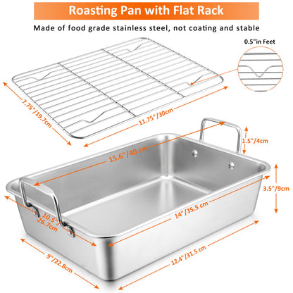 14 Inch Roasting Pan with Rack, Leonyo Large Turkey Roasting Pan, Stainless Steel Roaster Pan with Wire Rack Non Stick Baking Pans for Cooking Ham, Chicken, Cake, Lasagna, Casserole