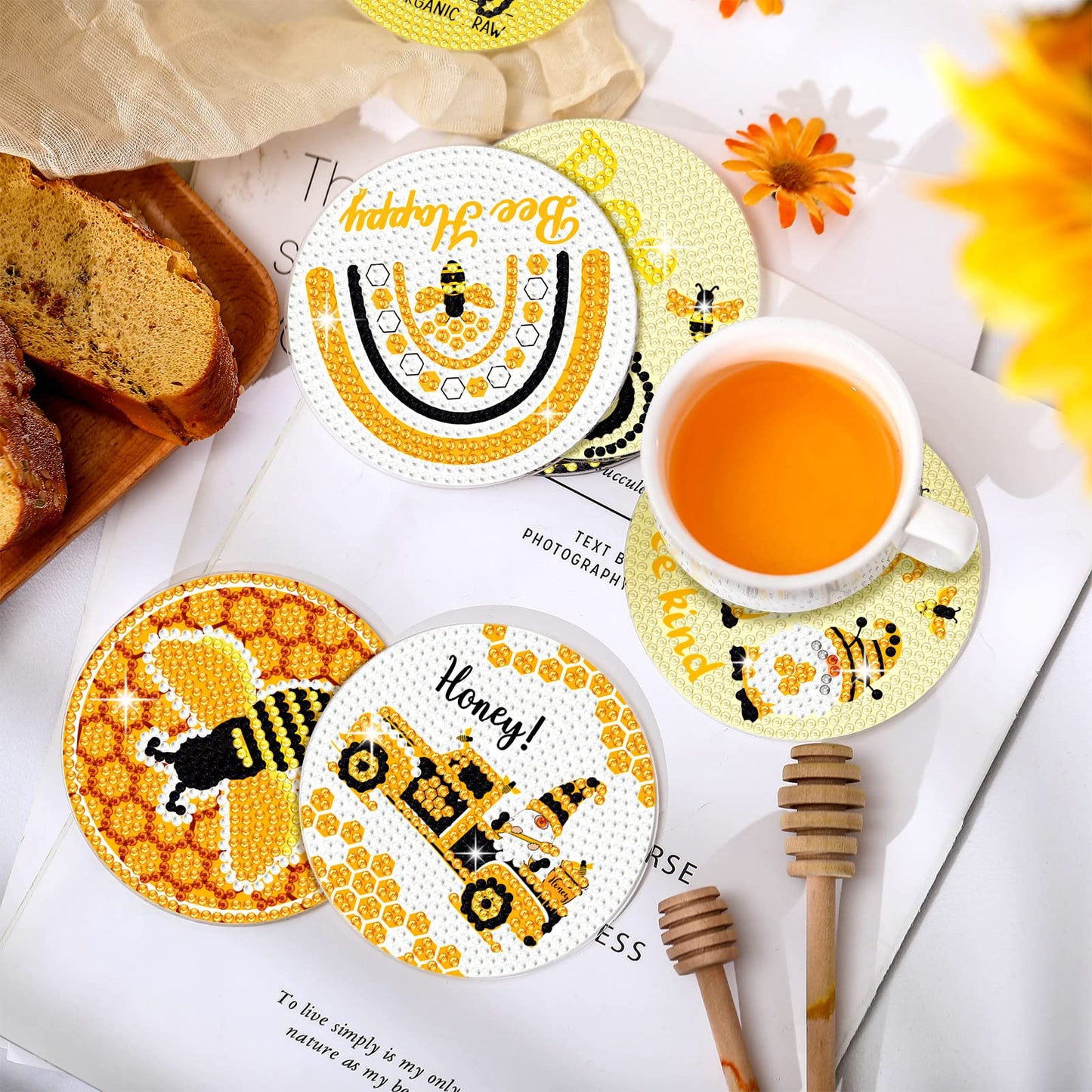 Shellwei 8 Pcs Bee Diamond Painting Art Coasters with Holder Bee Gnome Sunflower Diamond Painting Kit Yellow DIY Crafts Coasters for Adults Beginner Gift Supplies