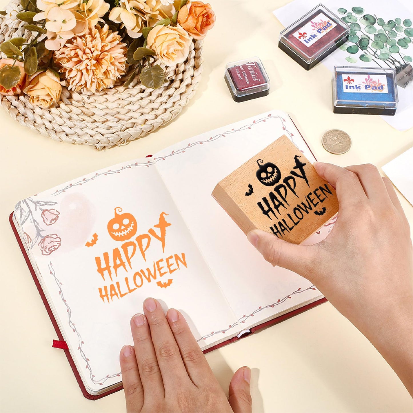 CRASPIRE 3 Inch Halloween Wooden Rubber Stamps Wood Stamp Reusable Word Seals Decorative Journaling Invitation Seals for Scrapbooking Journal Party Card Making DIY Letter Craft