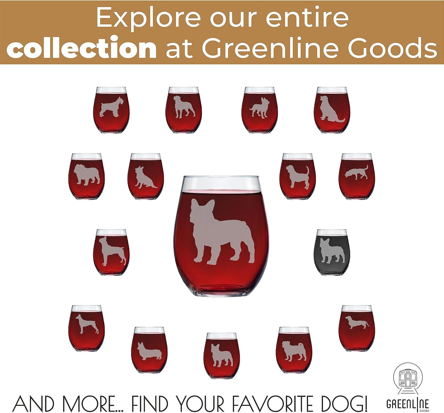 Greenline Goods French Bulldog Stemless Wine Glasses - Hand Etched 2-Sided Silhouette with Breed Name for Dog Lovers