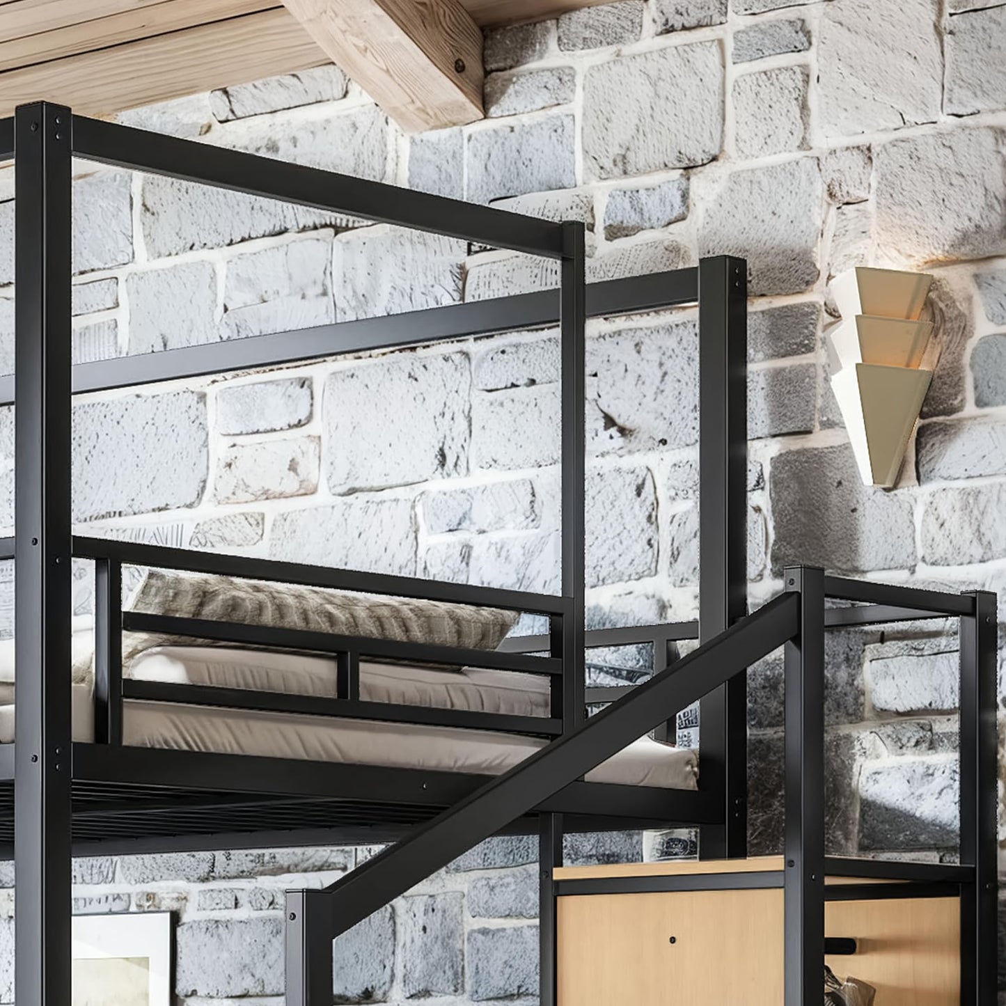 Bellemave Queen Size Loft Bed Frame with Storage Stairs and Wardrobe, Queen Size Game Loft Bed with Canopy Frame, Heavy Duty Loft Bed for Adults Teens Black