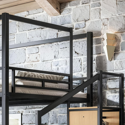Bellemave Queen Size Loft Bed Frame with Storage Stairs and Wardrobe, Queen Size Game Loft Bed with Canopy Frame, Heavy Duty Loft Bed for Adults Teens Black
