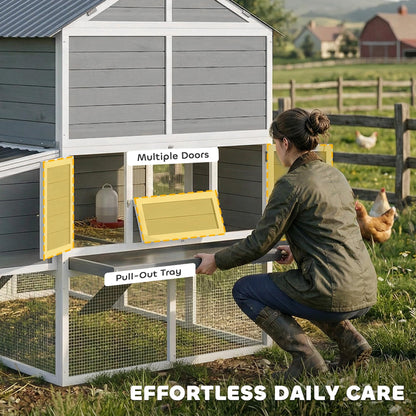 PawHut 77" Large Chicken Coop for 6-8 Chickens, Outdoor Wooden Hen House Poultry Cage with Run, 3 Nesting Boxes, Waterproof Roof, Removable Tray, Ramp for Farm Backyard, Gray