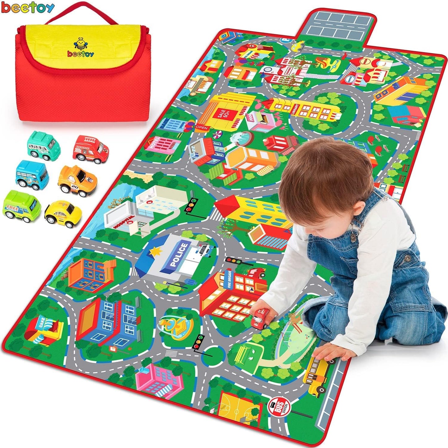 31.5"X67" 6 beetoy Car Rug, Play Mat with Roads for Kids - Portable, Anti-Slip, Educational City Life Traffic Carpet
