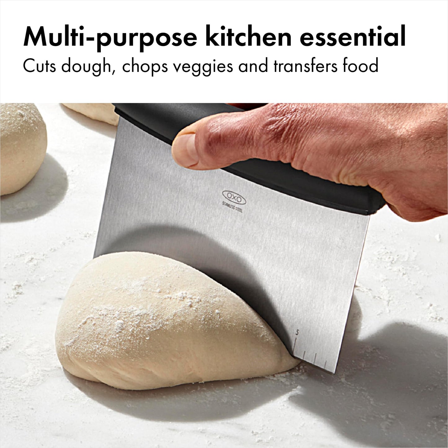 OXO Good Grips Stainless Steel Multi-Purpose Scraper & Chopper, Dough Cutter for Pizza, Bread and Cookie Dough, Multi-Purpose Vegetable Chopper, Dishwasher-Safe Kitchen Essential