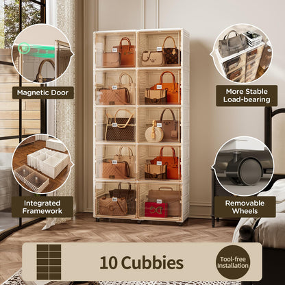 MAYIBOX 10 Cubbies Handbag Storage Organizer for Closet, Purse Organizer Cabinet with Magnetic Doors & Wheels, Foldable One-Piece Transparent Storage Box for Bags, Boots, Clothes, Toys, Books