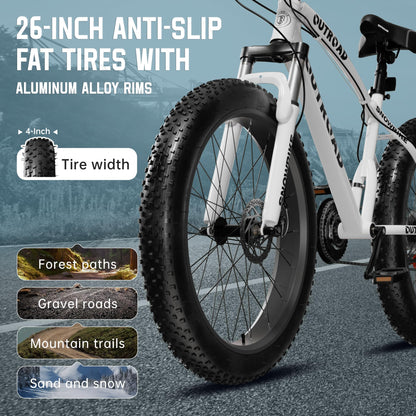 MarKnig 26 inch Fat Tire Mountain Bike, 21 Speed MTB with Dual Disc Brake for Adults, Anti-Slip Bicycle with 4 inch Knobby Tires, White