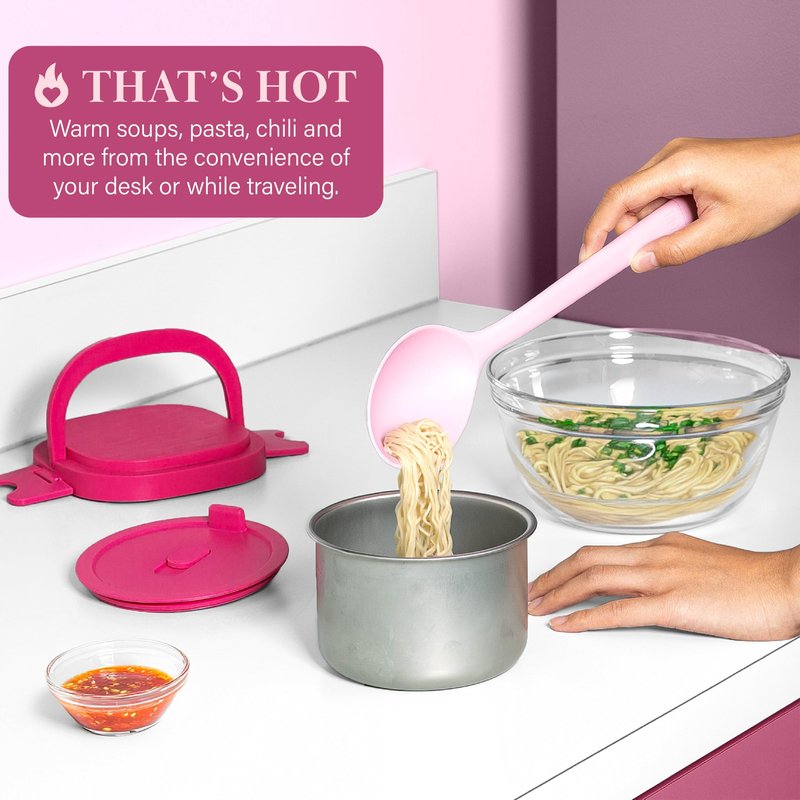 Paris Hilton Electric Lunch Warmer, 20-Ounce Stainless Steel Portable Food Container With Sealing Lid, Removable 2.5-Cup Inner Dish, Bow Front Decal, Hot Pink