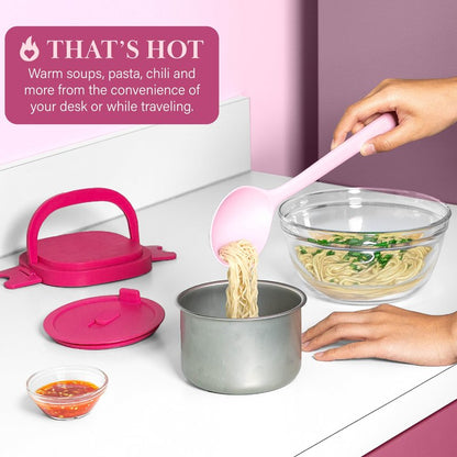 Paris Hilton Electric Lunch Warmer, 20-Ounce Stainless Steel Portable Food Container With Sealing Lid, Removable 2.5-Cup Inner Dish, Bow Front Decal, Hot Pink