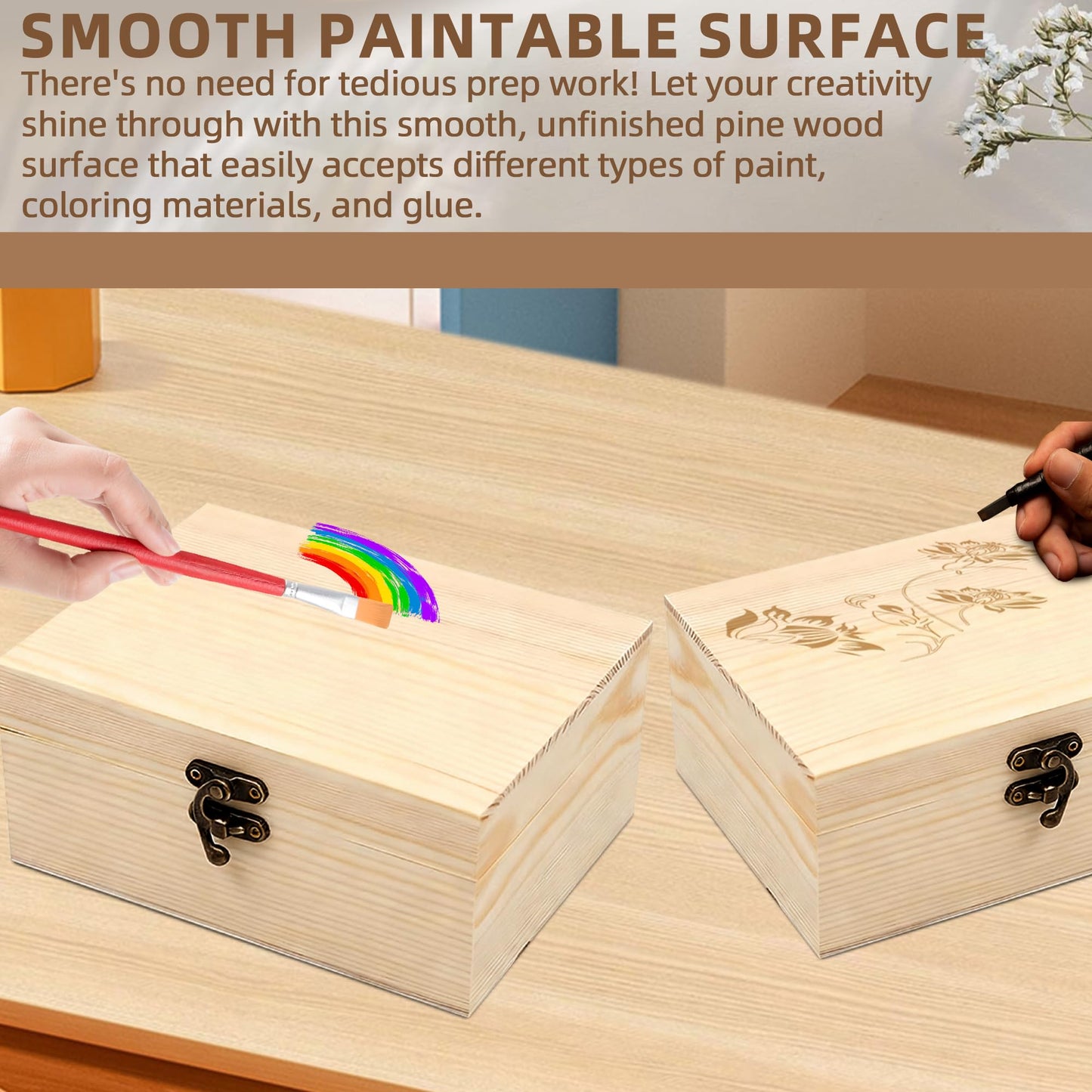 VIKOS Products Unfinished Unpainted Wooden Box with Hinged Lid for Crafts DIY Storage Jewelry Plain Pine Box - Small 6.7"x5.1"x3.1" - 2-Pack