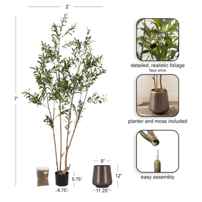 Kate and Laurel Oliveira Faux Olive Tree with Portell Metal Planter Pot, 7 FT, Gunmetal, Potted Artificial Olive Plant Tree with Realistic Foliage and Added Moss, Fake Plant Living Room Decor