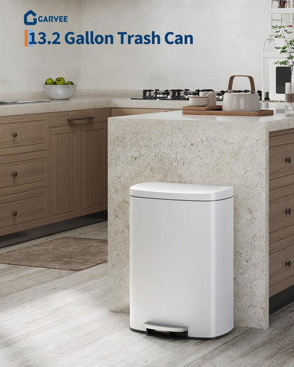 Garvee 13 gal / 50 L Metal Kitchen Trash Can with Lid, Large Rustproof Garbage Can for Kitchen, Step-on Trash Bin with Inner Bucket, Rear Handle, Soft Close Lid, White