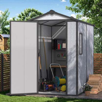 DNYKER 4 x 6 FT Resin Outdoor Storage Shed, All-Weather Plastic Garden Shed with Floor, Lockable Doors & Windows, Plastic Tool Shed for Poolside, Patio, Backyard