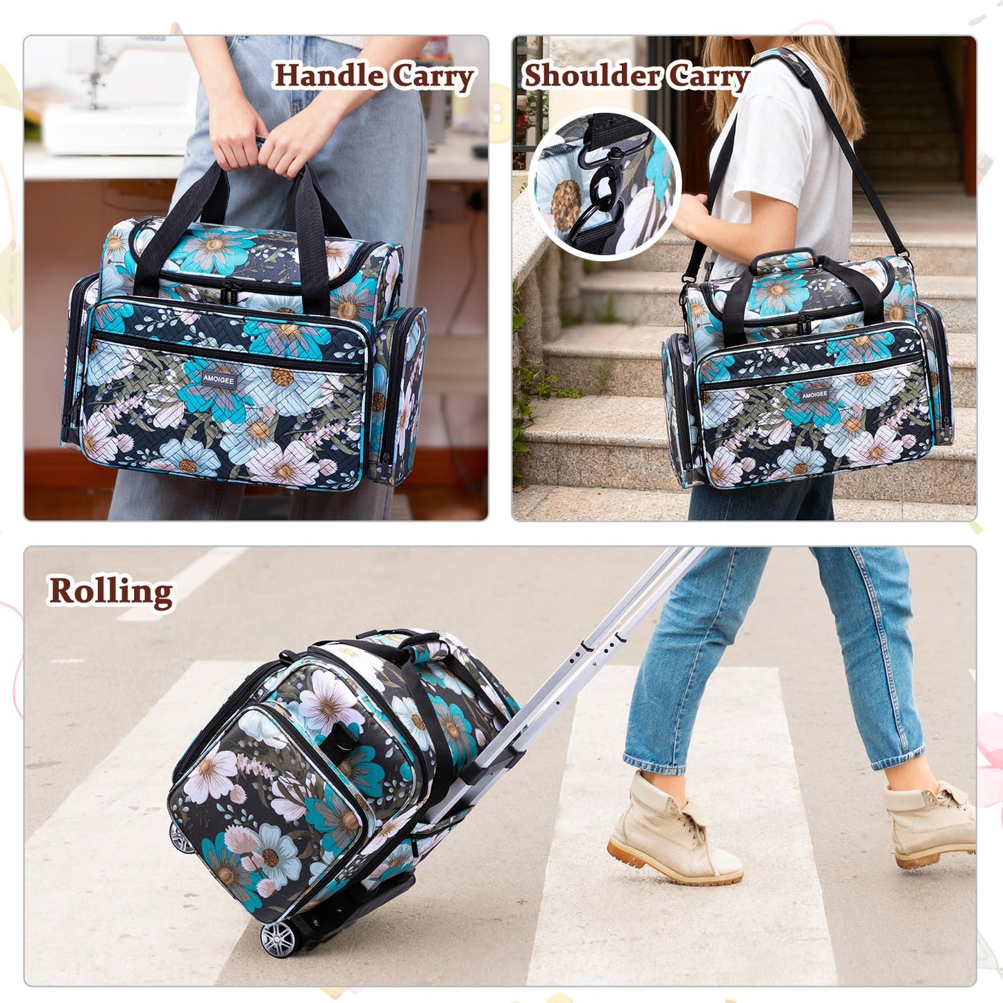 AMOIGEE Rolling Sewing Machine Case with Detachable Dolly, Padded Sewing Machine Bag with Wheels, Travel Tote for Most Standard Machines, Storage Organizer fits Brother, Singer