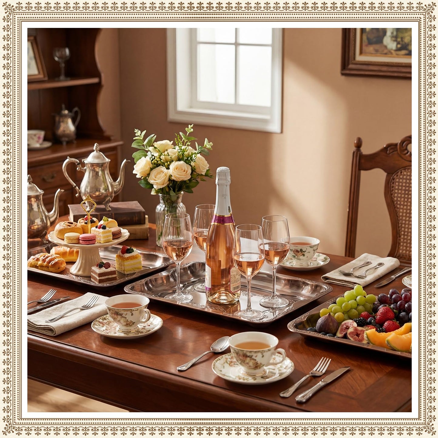 FoldTier 4 Pack Serving Trays Set for Party, Butterfly Floral Bronze Platter Engraved Mirror Tray, 15.8 x 11.6 Inches Elegant Metal Plate for Food Appetizer Cookies Desserts (Bronze)