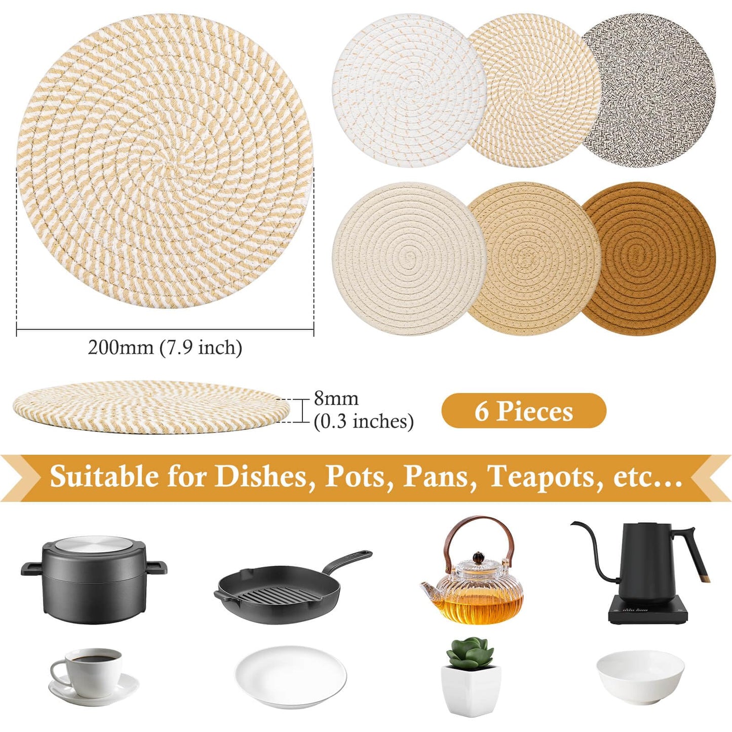 Billbotk 8"" Trivets for Hot pots and Pans, 6 Heat Resistant Hot Pads, Pot Holders for Kitchen, Hot Plate Mats for Table, Kitchen Decor for Counter, Home Essentials, Farmhouse, Brown, WT-6-2