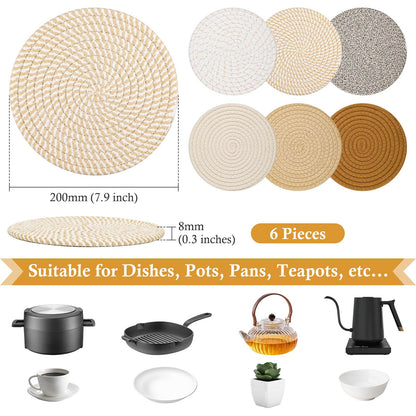 Billbotk 8"" Trivets for Hot pots and Pans, 6 Heat Resistant Hot Pads, Pot Holders for Kitchen, Hot Plate Mats for Table, Kitchen Decor for Counter, Home Essentials, Farmhouse, Brown, WT-6-2