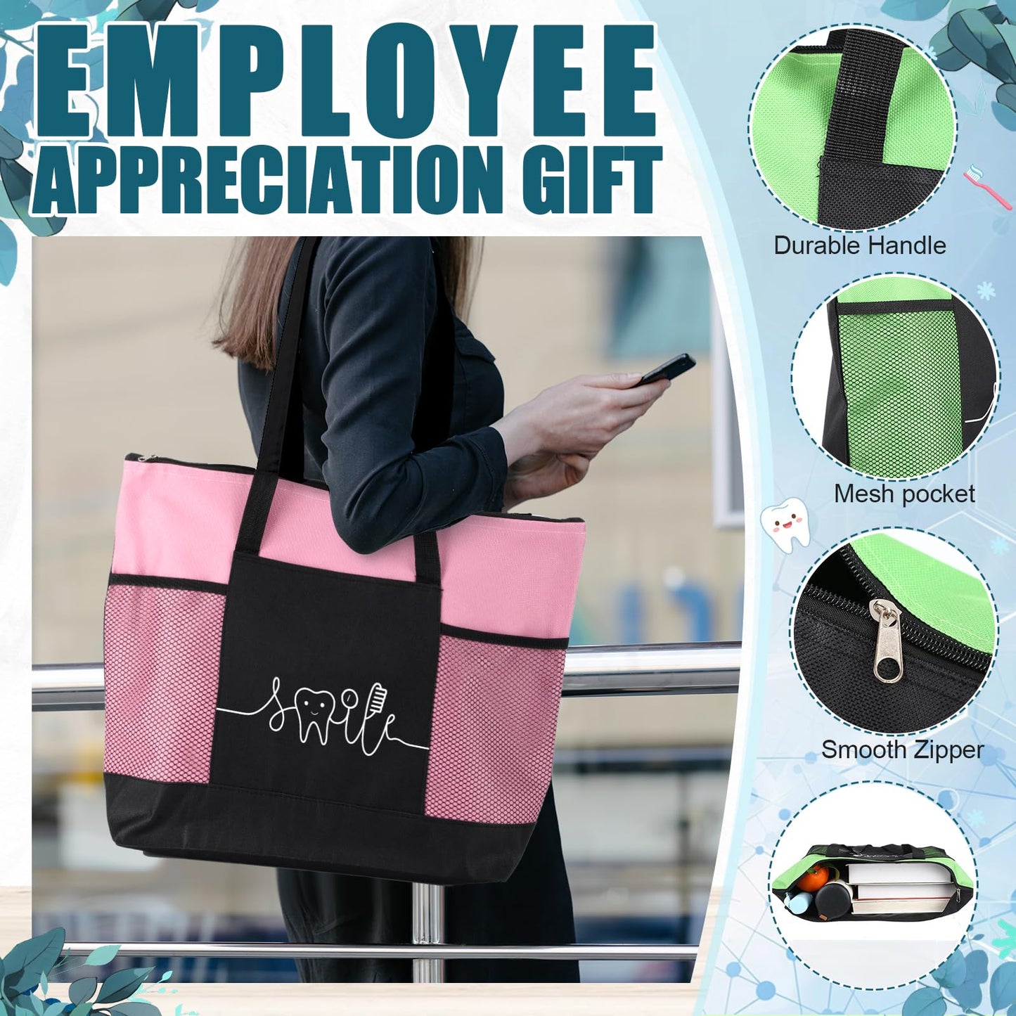 Locmeo 20 Pcs Dental Gifts Dental Assistant Hygienist Multicolor Tote Bags with Mesh Pocket for Dentist Office Accessories