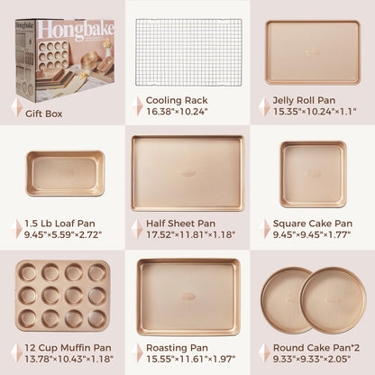 HONGBAKE 9-Piece Baking Pans Set Nonstick, Stackable Non Toxic Bakeware Sets with Diamond Texture, Oven Pan Set for Cooking, Includes Cookie Sheet with Rack, Cake Pan, Roasting Pan, Muffin Tin, Gold