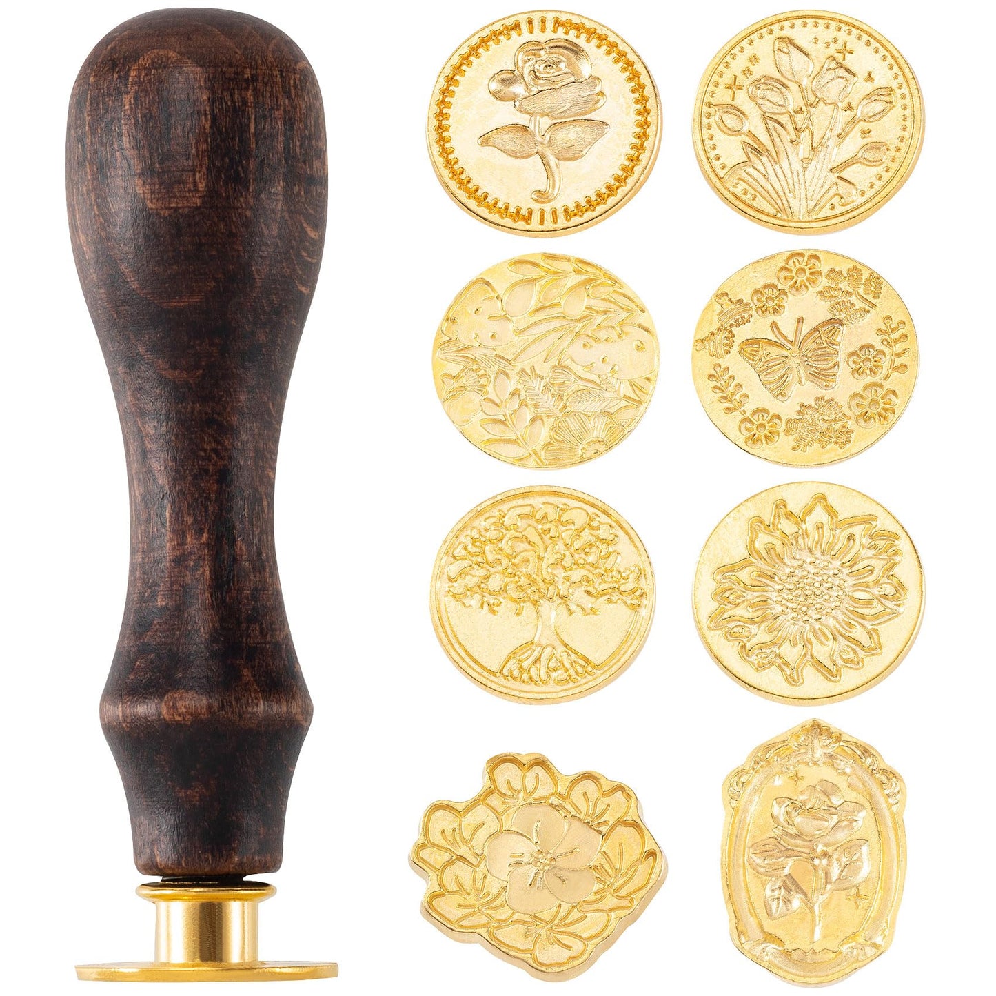 Mxxipp 9pcs Wax Seal Stamp Kit, Brass Sealing Wax Stamps Head & Wooden Handle for Wedding Invitations Cards Envelopes(Tree of Life+Tulip+Vintage Rose+Love Rose+Daisy+Butterfly+Sakura+Leaves)