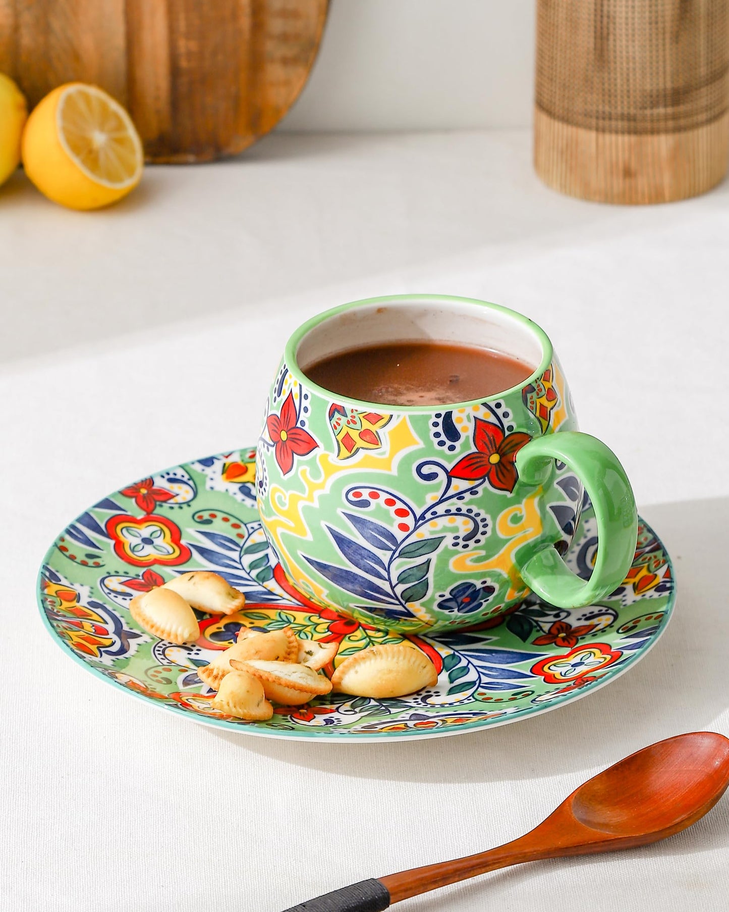 HENXFEN LEAD Boho Ceramic Coffee Mugs Set of 6 – 20 oz Large Porcelain Cups for Latte, Cappuccino, Tea, Cocoa & Soup – Microwave & Dishwasher Safe