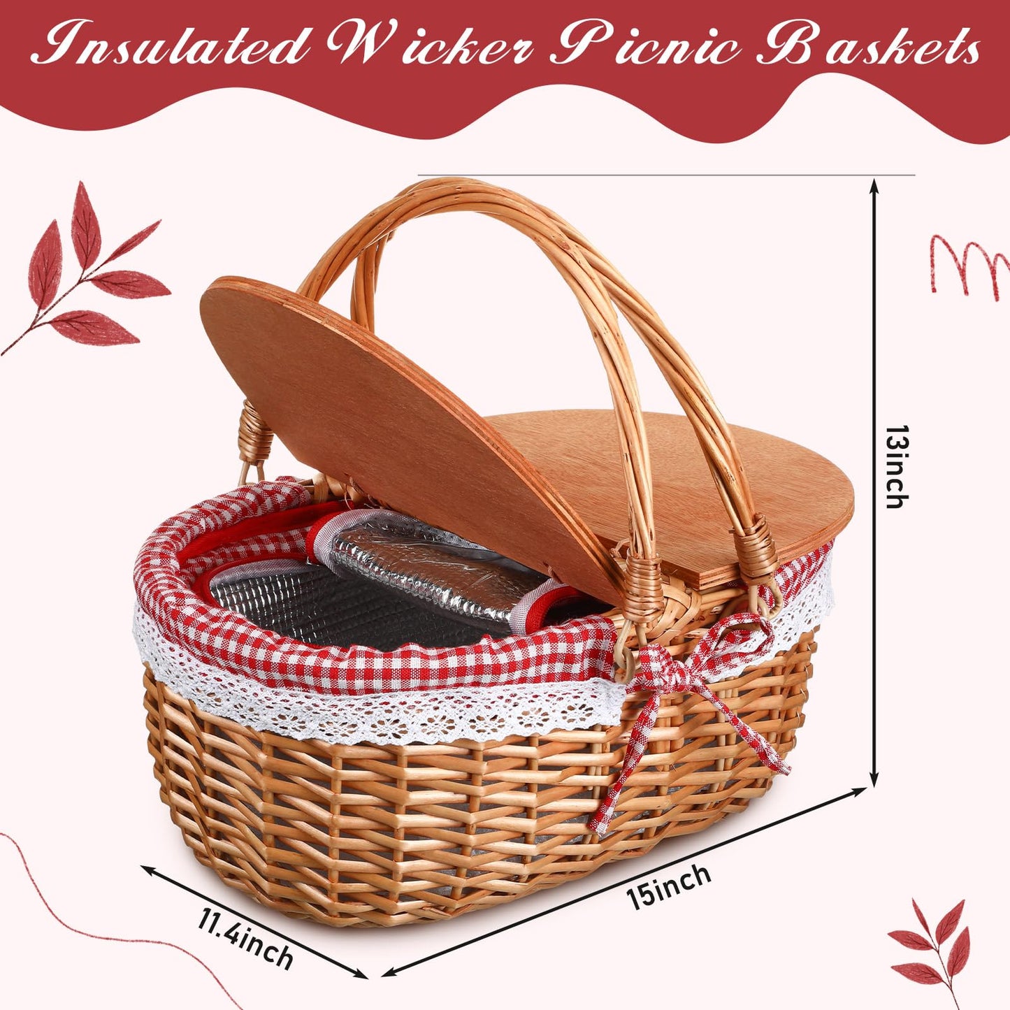 DoubleFill Wicker Insulated Picnic Basket with Lid Wicker Picnic Basket with Folding Handles and Insulated Cooler Bag for Camping Outdoor Easter Valentine Birthday Gift(Red Plaid)
