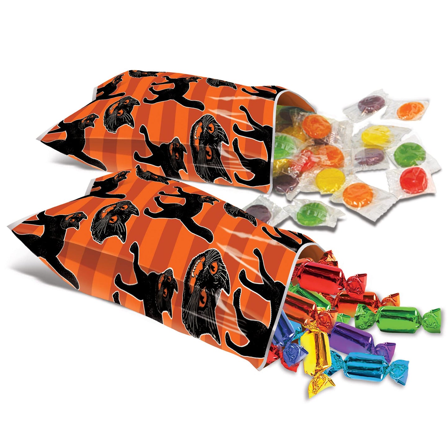 Beistle 50 Piece Vintage Halloween Plastic Cellophane Treat Bags For Cookies, Candies, And Party Favors, Includes Twist Ties