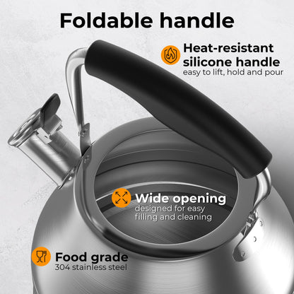 Stovetop Whistling Tea Kettle – 2.4 QT Stainless Steel Teapot with Ergonomic Handle, Fast Heating for Gas, Electric & Induction Stoves – Satin Finish, Silver