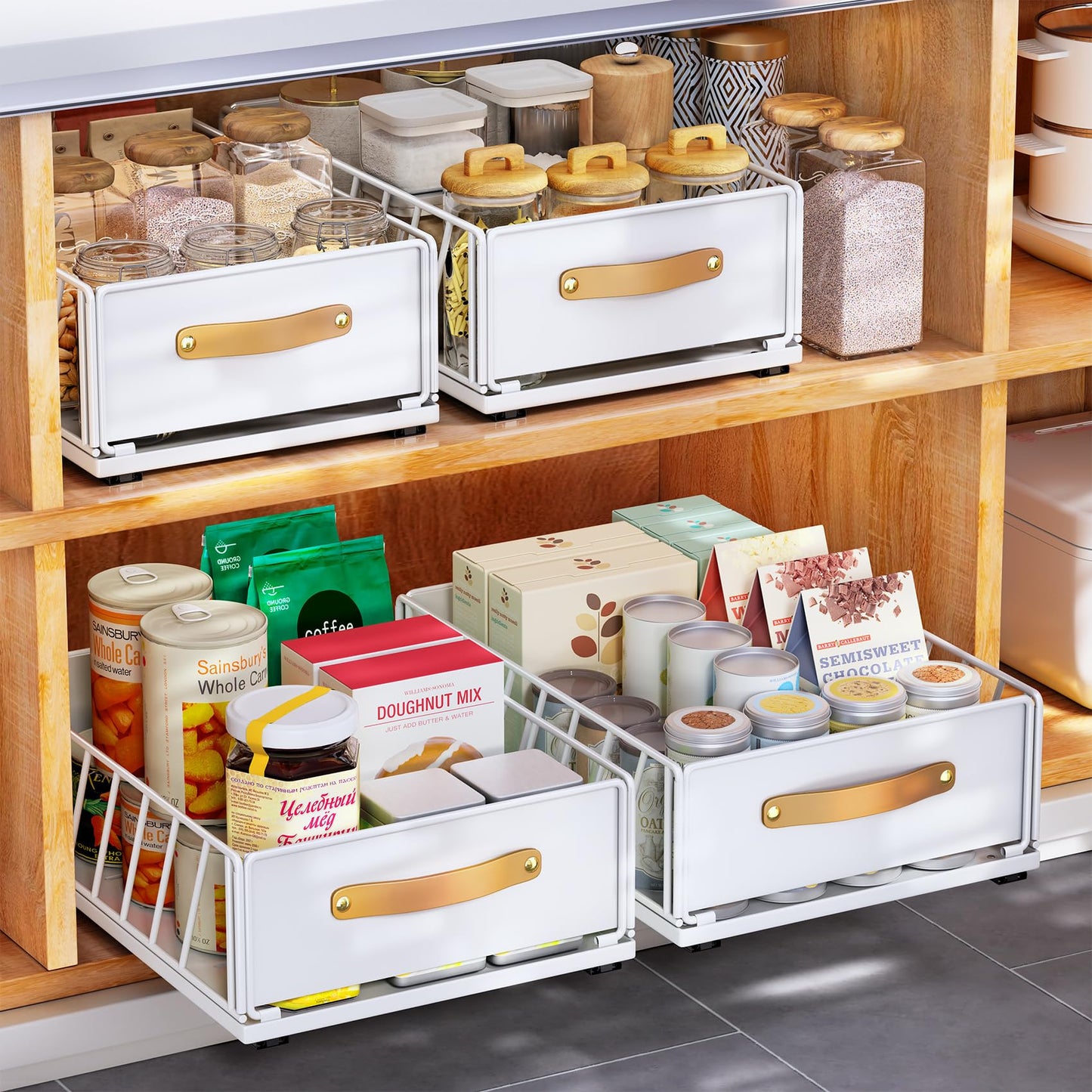 Pull out Cabinet Organizer,Heavy Duty Slide out Pantry Shelves Drawer Storage with Adhesive Nano Film,Sliding Mesh Cabinet Basket with Handle for Kitchen, Bathroom, Home, 11.8W" X 15.7"D X 6.2"H,White