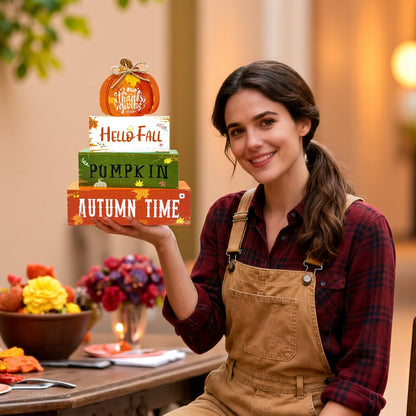 4 Pcs Fall Thanksgiving Decorations for Home,Wooden Pumpkin Signs with Sayings Hello Fall Maple Leaf Block Signs Tiered Tray Tabletop Decor Thanksgiving Decor Indoor for Office Farmhouse Home Kitchen