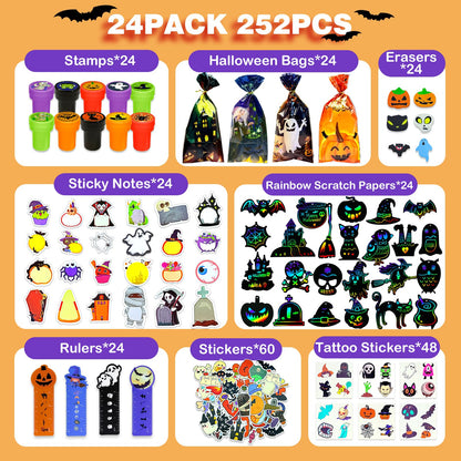 252Pcs Halloween Party Favors for Kids Bulk Stationery Set, 24 Pack Halloween Goodie Bags Stuffers Treat Bag Fillers, Classroom Prizes Non Candy Trick or Treat Toys for School Student Gifts Bags