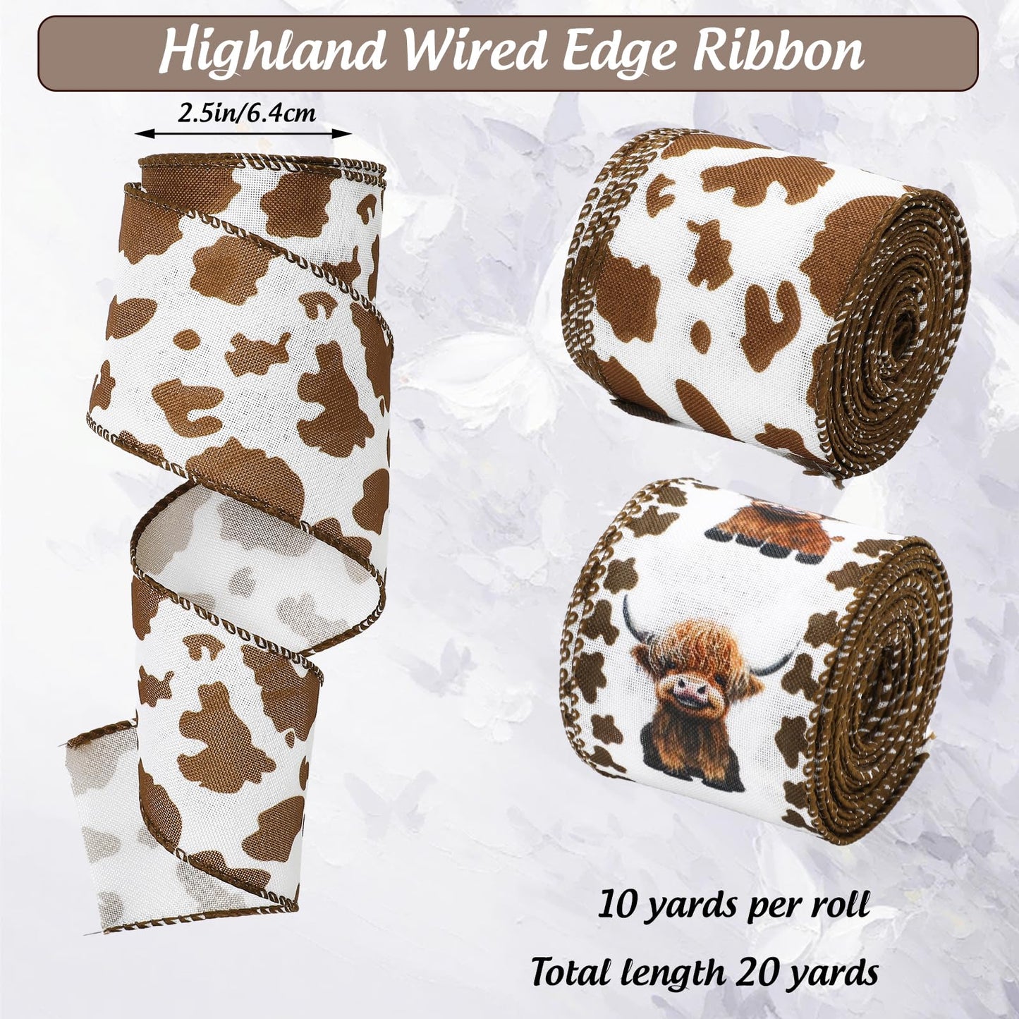 JarThenaAMCS Highland Cow Wired Edge Ribbon Cow Print Craft Ribbon White Brown Fabric Ribbons for Wreath Bow Making DIY Crafts Wrapping Party Decor Supplies, 2 Rolls, 20 Yard