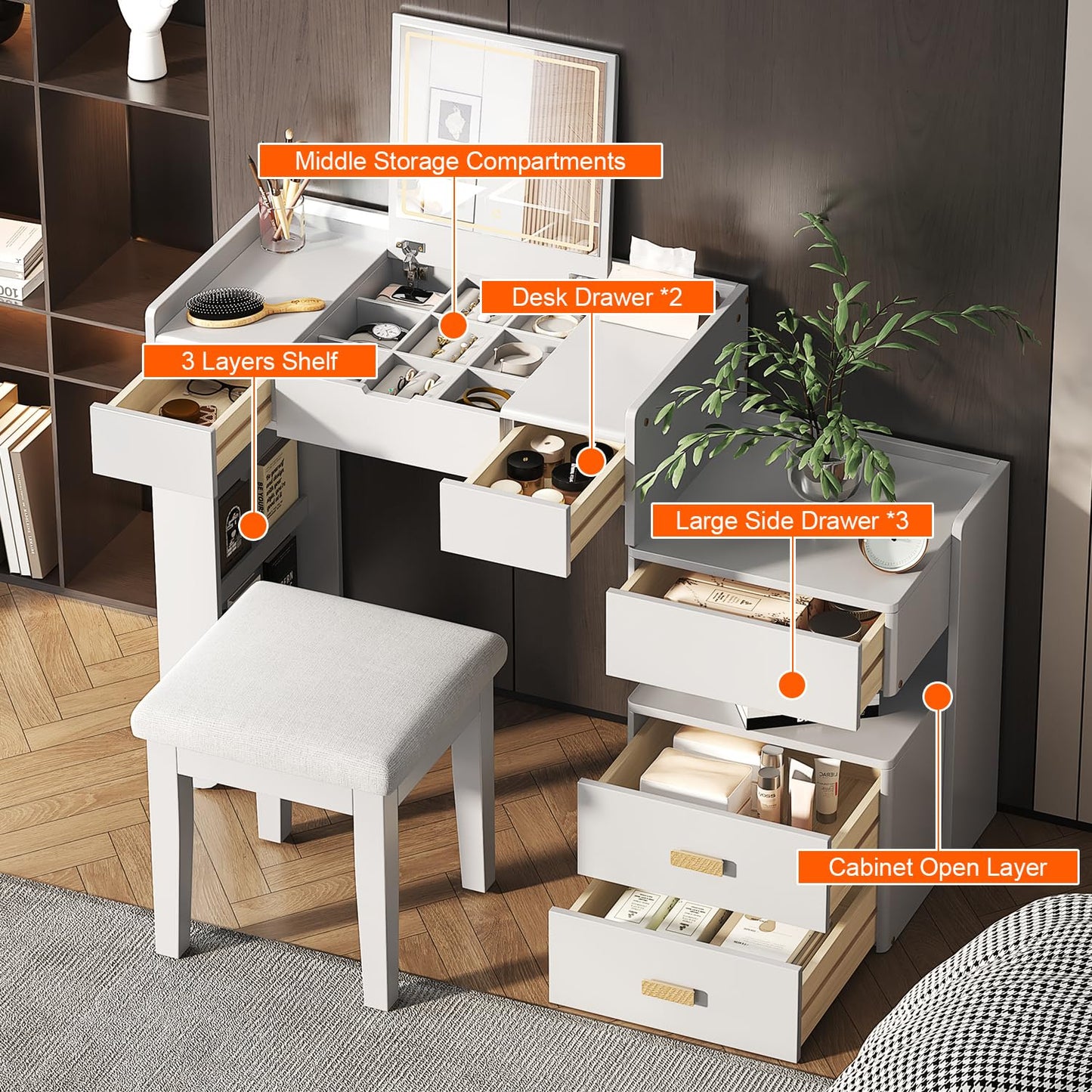 Merax Makeup Vanity Desk with Flip-Top Mirror and Lights, Modern Vanity Set with Cushioned Stool, 3-in-1 Dressing Table with Retractable Side Cabinet and Ample Drawers for Bedroom, White
