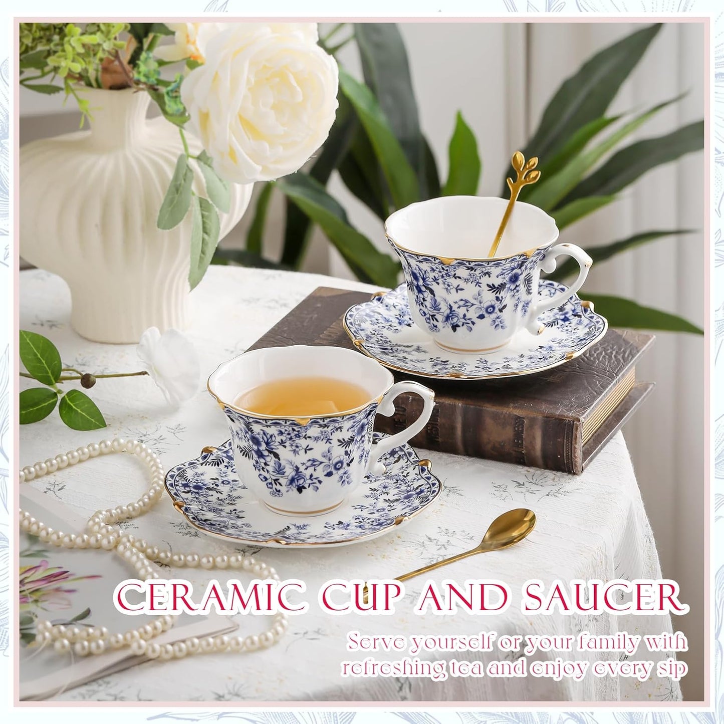 TATSUMI Country Set, 6 2 SETS Roses Bone China Tea Cup and Saucer Pieces, Vintage Style, For Women and Tea PartiesQH