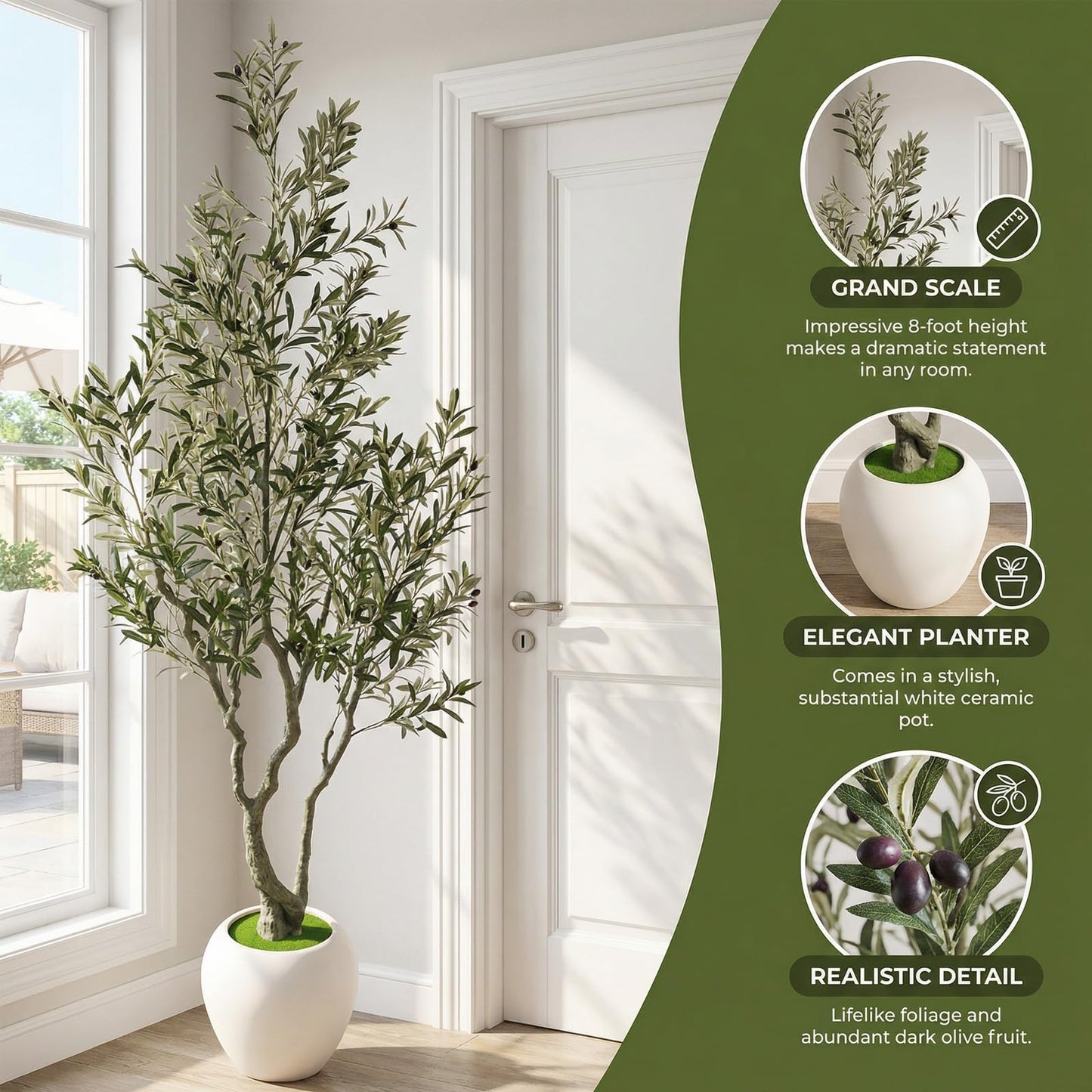 Huhemy 8ft Faux Olive Tree Artificial Indoor,Fake Olive Tree with Pot,Large Olive Branches and Lifelike Fruits,for Home Office House Living Room Decor