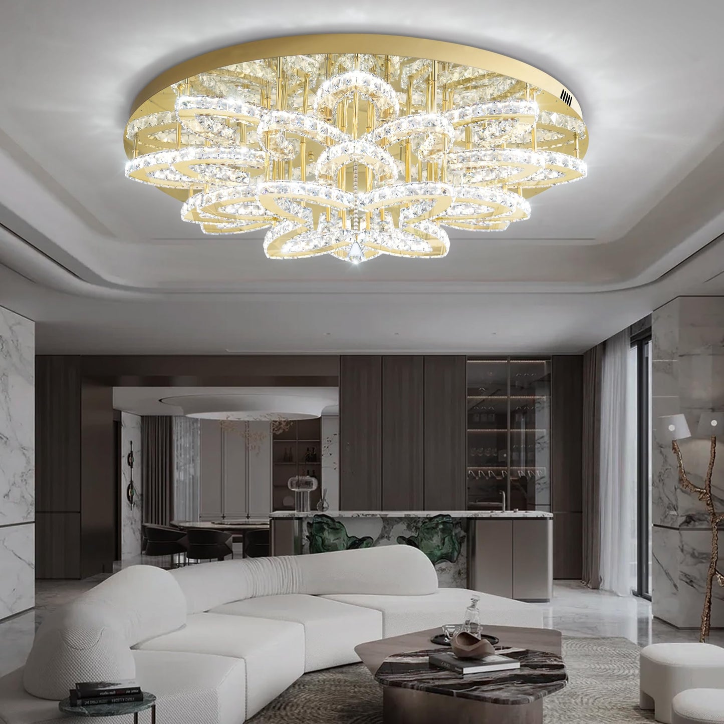 Shial Lighting 40" Modern Crystal Chandelier for Dining Room LED Dimmable Flush Mount Chandeliers Gold Ceiling Chandelier for Living Room Bedrooms