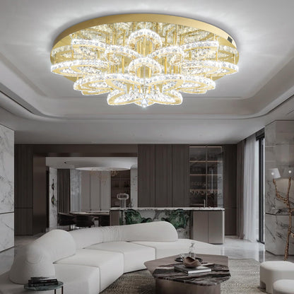 Shial Lighting 40" Modern Crystal Chandelier for Dining Room LED Dimmable Flush Mount Chandeliers Gold Ceiling Chandelier for Living Room Bedrooms