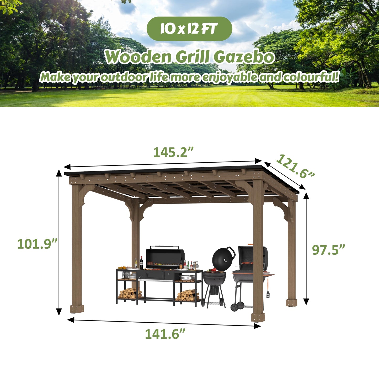 Yardenaler 10 x 12 FT Outdoor Wooden Grill Gazebo with 5.5" Width Wood Posts, Rainwater Drainage, BBQ Gazebo with Sloping Metal Roof for Barbecue, Backyard, Garden, Light Mocha Brown