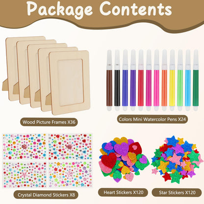 SAYAYA 36 Pack Picture Frame Painting Craft Kit Wooden Picture Frames for 4 x 6 Photo with 8 Sheets Crystal Diamond Stickers 4 Bags Eva Stickers 24 Color Pen for DIY Craft