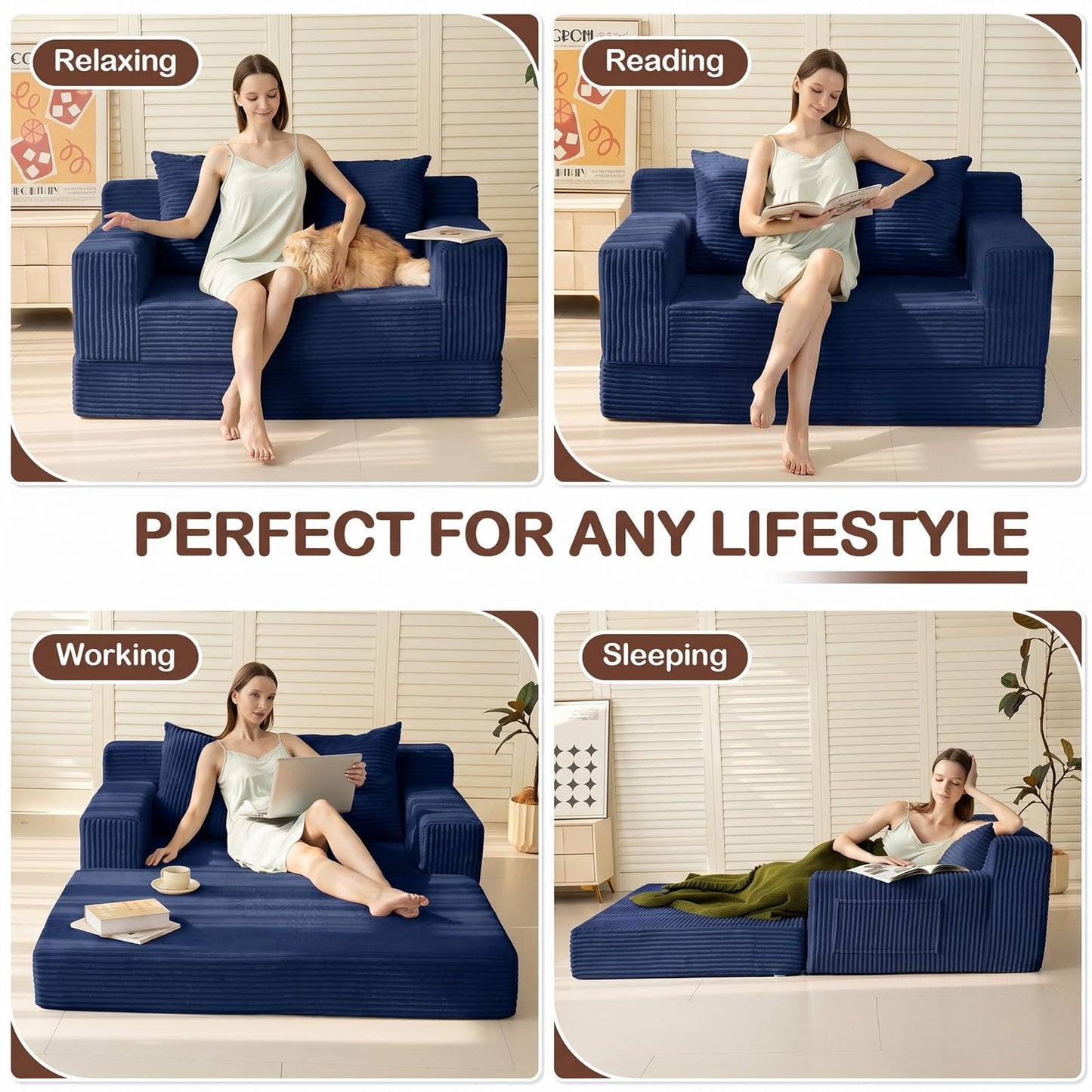 Winzoo Boneless Loveseat Couch Folding Sofa Bed, Foldable Floor Futon Sleeper Couch Bed - Convertible Sofa Bed, Corduroy Pull Out Sofa Bed with 2 Pillows for Living Room & Bedroom