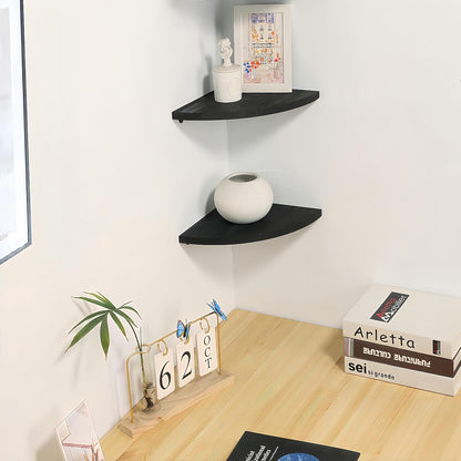 Set 2, Fan-shaped-10 Inch) Corner Wall Shelves of Rustic Wood Corner Floating Shelves with Cable Raceway, Wall Mount