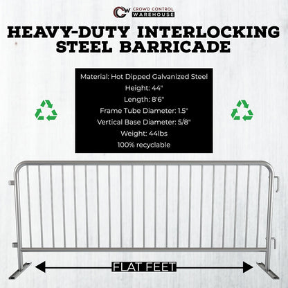 Angry Bull Barricades Metal Interlocking Steel Barricade (8.5 Ft. Heavy Duty, Flat Feet, Grey Powder Coated, Set of 10)