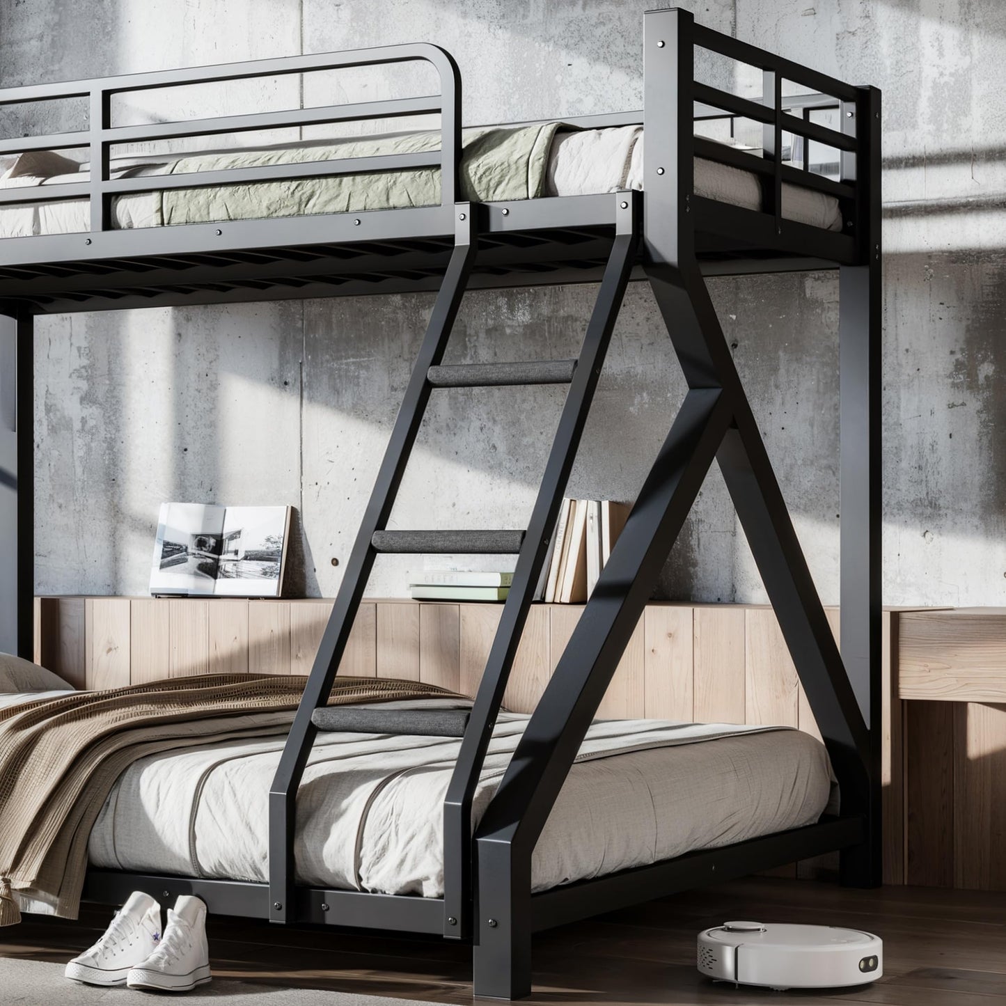 LEEKAF Stronger & Thickened Heavy Duty Metal Bunk Bed Twin XL Over Queen Size for Adults Teens, Safer More Stable Bunkbed (Greater Weight Capacity) (Black,Twin XL Over Queen A)