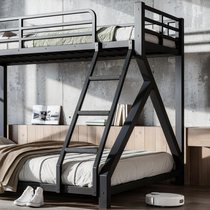 LEEKAF Stronger & Thickened Heavy Duty Metal Bunk Bed Twin XL Over Queen Size for Adults Teens, Safer More Stable Bunkbed (Greater Weight Capacity) (Black,Twin XL Over Queen A)