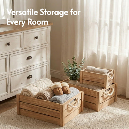 Set of 3 Rustic Nested Wooden Crates with Rope Handles - Decorative Farmhouse Storage Boxes for Kitchen, Living Room & Bathroom - Modern Wood Grain Home Organization