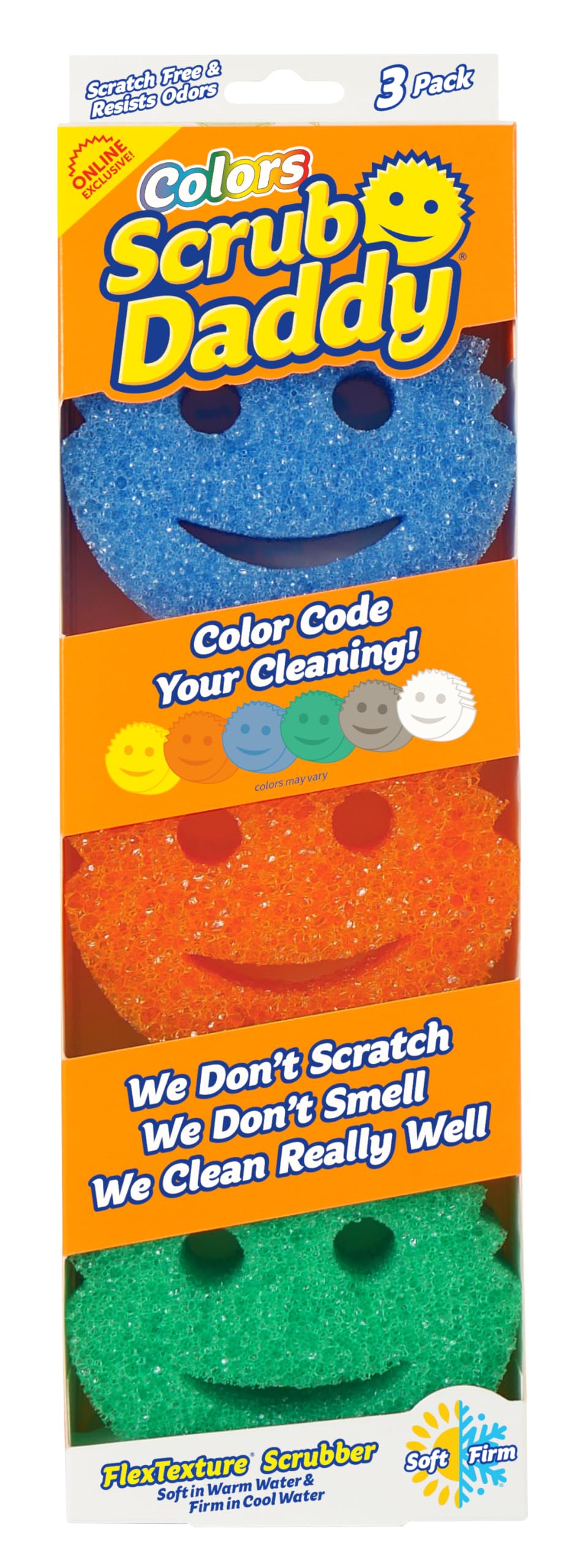 Scrub Daddy Color Sponges - Scratch-Free Multipurpose Dish Sponges for Kitchen, Bathroom & Household Cleaning - Made with BPA-Free Polymer Foam (3 Count)