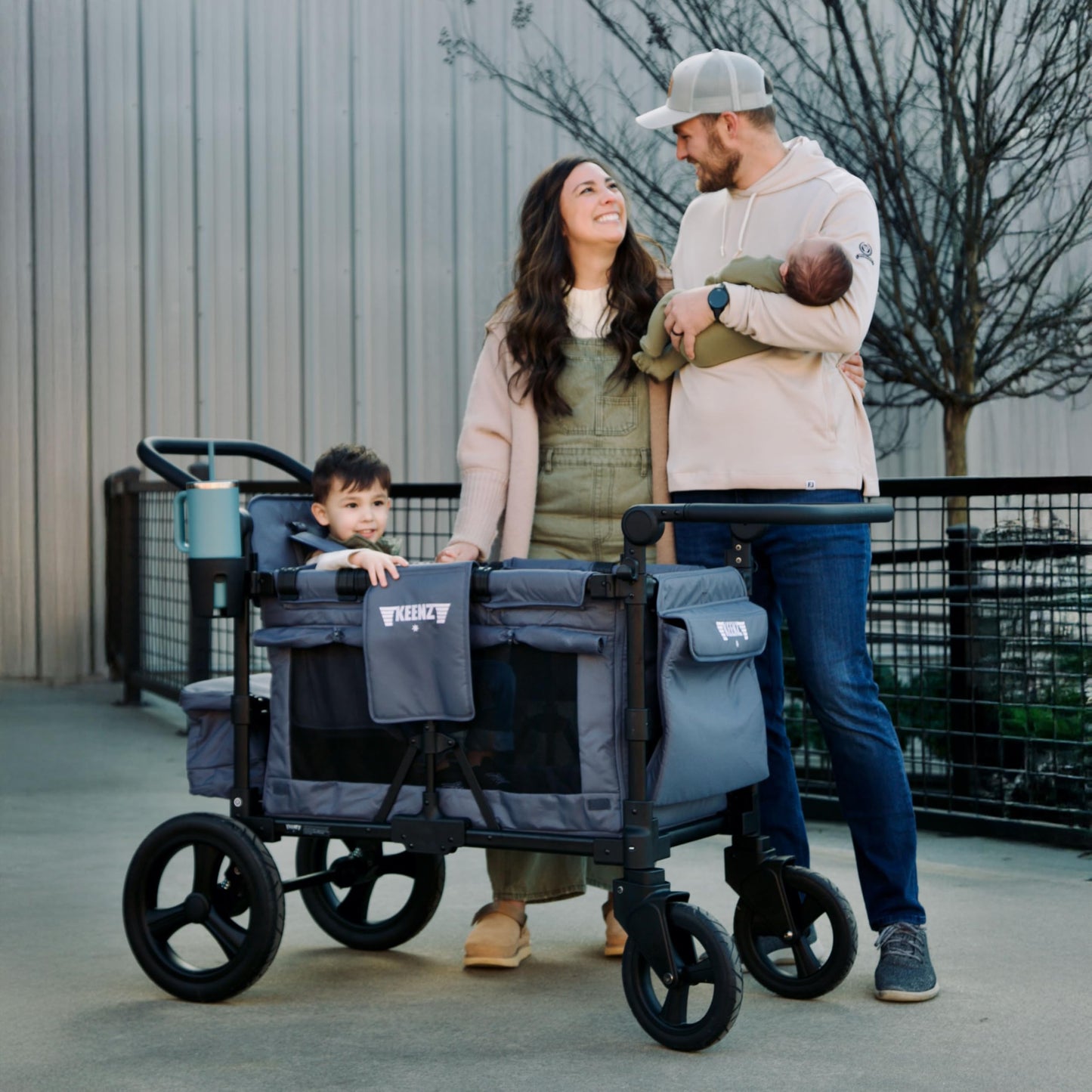 Keenz MOOV 4-Passenger All-Terrain Stroller Wagon with Reclining Seats, Built-in Cooler, Push/Pull Handle, Rubber Wheels, and Activity Tray – Foldable Wagon for Four Kids, Blue
