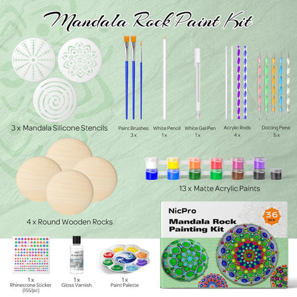 Nicpro Mandala Rock Painting Kit, Dot Arts and Crafts for Adults, Mandala Dotting Tools Kit, Large Wooden Rocks for Painting, DIY, Stencils, Acrylic Paints, Brushes, Dotting Tools for Rocks